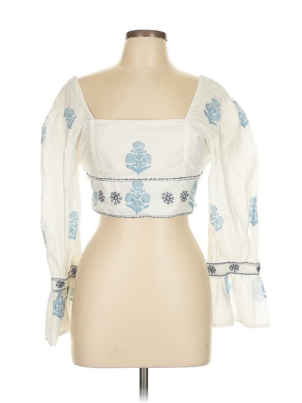 NWOT Madison Mathews White Blue Embroidered 3/4 Sleeve Crop Top Boho Large